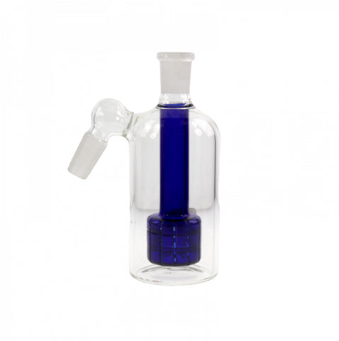 5-inch glass ash catcher featuring a blue matrix percolator and a 14mm male joint, designed for smooth smoke filtration and premium performance.