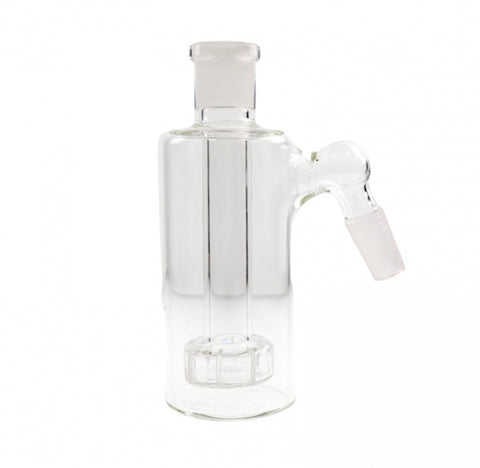 5-inch clear glass ash catcher with a showerhead percolator, 14mm male joint, and 45-degree angle for efficient smoke filtration and clean design.

