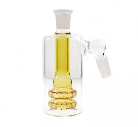 5-inch glass ash catcher with a yellow showerhead percolator, 14mm male joint, and 45-degree angle, offering efficient smoke filtration and vibrant design.