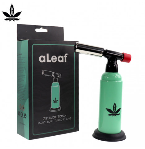 ALEAF 7.5-inch Turbo Blow Torch with high heat up to 2500°F, refillable butane tank, adjustable flame control, and stand for cooking, welding, and jewelry making.