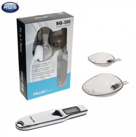 AWS SG-300 Digital Spoon Scale – 300g capacity with 0.1g precision, featuring 1.5 Tsp and 3.0 Tbsp weighing spoons for accurate portioning and measurements.