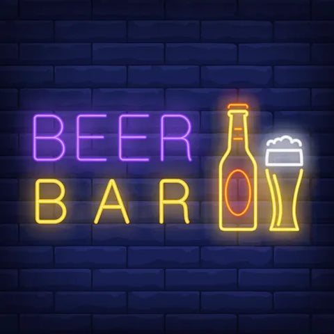 Beer Bar neon sign featuring a bottle and a glass on a glowing brick wall background, ideal for bar or pub decor