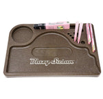 Blazy Susan brown hemp plastic rolling tray displayed with rolling papers and tools, offering convenient and eco-friendly rolling solutions.
