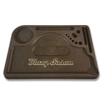 Brown Blazy Susan hemp plastic rolling tray with compartments for rolling papers, tools, and accessories, made from eco-friendly materials.
