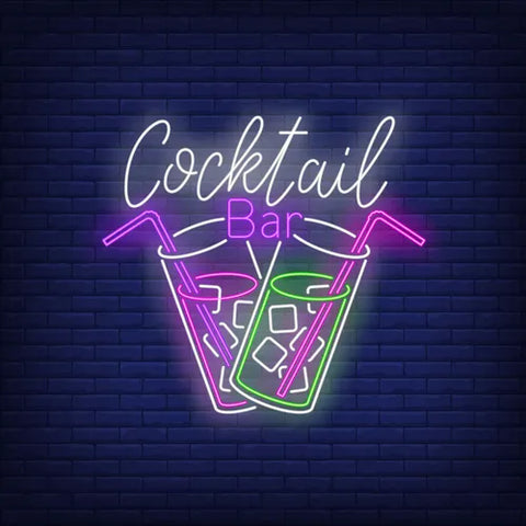 LED neon sign with two cocktail glasses, straws, and "Cocktail Bar" text, perfect for bar decorations and enhancing nightlife atmosphere.