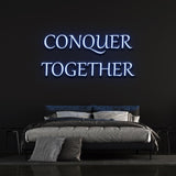 Conquer Together blue neon sign, stylish lighting for home interiors and bedrooms.