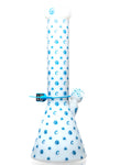 Front view of the 14-inch Cookies White V-Beaker Bong with blue decorative patterns and logo, crafted from high-quality glass for a modern and stylish look.