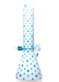 Front view of the 14-inch Cookies White V-Beaker Bong with blue decorative patterns and logo, crafted from high-quality glass for a modern and stylish look.