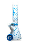 14-inch Cookies White V-Beaker Bong with decorative blue logos and patterns, made from high-quality glass, featuring a stylish and functional design.