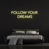 Customizable Follow Your Dreams LED neon wall art in various colors and sizes, designed for versatile decor.