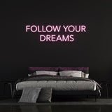 Follow Dreams LED neon sign, energy-efficient and durable wall art for bedrooms or creative workspaces.