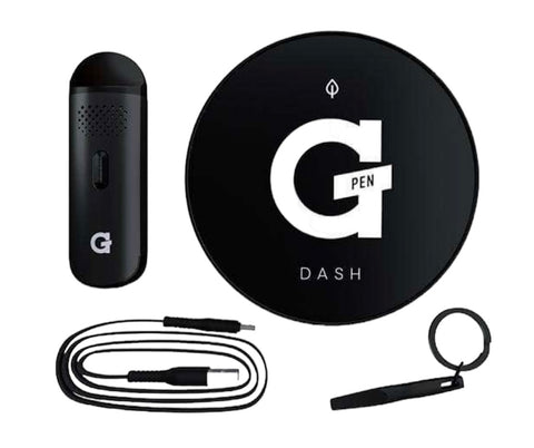 G Pen Dash dry herb vaporizer kit including vaporizer, charger, and accessories for portable use.