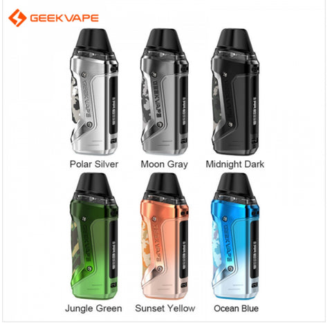 Geekvape Aegis Nano 2 starter pod kit in various colors, including Polar Silver, Moon Gray, Midnight Dark, Jungle Green, Sunset Yellow, and Ocean Blue