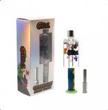 Complete set of Gliizy honey straw glass nectar collector, featuring a fish and sea plant design, colorful base, titanium tip, and branded packaging.