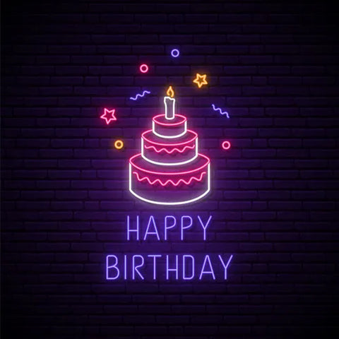 Happy Birthday with cake neon sign, LED party decoration light for vibrant birthday celebrations.