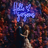 Blue Hello Gorgeous LED neon sign, perfect wall decor for home or events, adding charm and a romantic touch to any space.