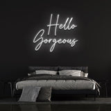 Energy-efficient Hello Gorgeous neon sign, combining style and sustainability for unique wall art.