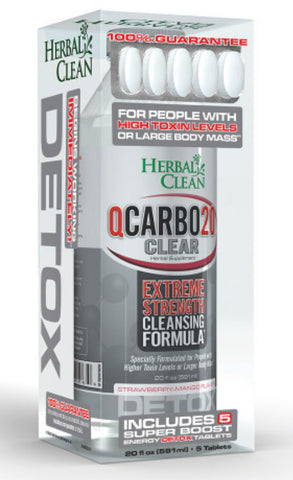 Herbal Clean QCarbo20 Clear Extreme Strength Cleansing Detox Formula 20oz with Super Boost Energy Detox Tablets for same-day detox results.