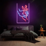 Intimacy LED Neon Sign in vibrant red and blue, romantic lighted wall decor for home and office, showcasing artistic entwined hands design, perfect for passion-filled spaces.