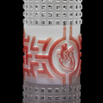 Milkyway 15-Inch Bio-Grid Beaker Bong – Stunning white and red frit glass bong with unique heart and brain icons, includes bowl and colored stem.