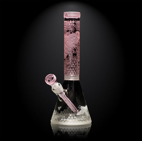 Milkyway Bee Hive 14-Inch Beaker Bong – Clear and pink glass bong with intricate honeycomb and bumblebee design, featuring a 19mm joint, bowl, and stem.