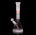 Milkyway Bio-Grid 15-Inch Beaker Bong – White and red frit glass bong featuring heart and brain icons, with a 19mm joint, bowl, and stem.