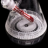 Milkyway Bio-Grid Beaker Bong – 15-inch red and white frit glass bong with 19mm joint, heart and brain icons, and Orbit bowl.