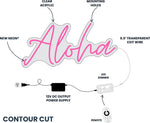 Technical specifications for a contour-cut neon LED sign with remote dimmer, power supply, and clear acrylic mounting.