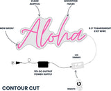 Technical specifications for a contour-cut neon LED sign with remote dimmer, power supply, and clear acrylic mounting.