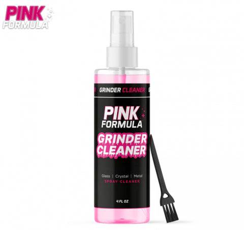 Pink Formula 4oz Grinder Cleaner, safe for metal and plastic, with included brush for removing sticky build-up and ensuring a perfectly clean grinder.