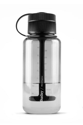 Puffco Budsy Water Bottle Style Water Pipe in Black, discreet and portable design for flower use with a hidden ceramic bowl and BPA-free Tritan construction.