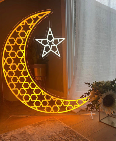 Ramadan Golden Moon with Star LED Neon Sign – Islamic festive wall decor, perfect for home and event celebrations, featuring a glowing crescent moon and star design.