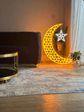 Energy-efficient Ramadan Golden Moon with Star LED Neon Sign – a beautiful Islamic decorative light for homes, mosques, and Ramadan events.