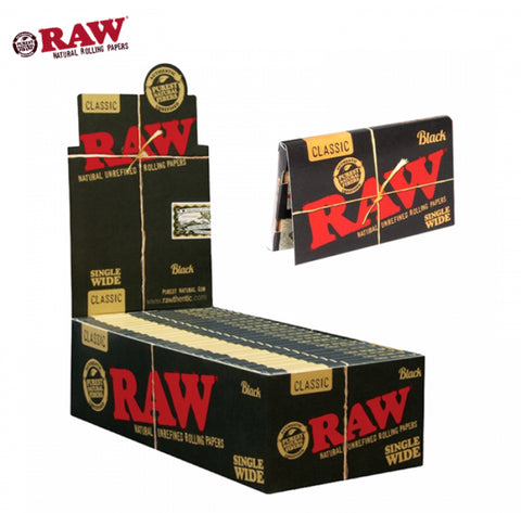 RAW Black Classic Single Wide Paper – 100 leaves per pack, 25 packs per box, extra-fine, unbleached, and perfect for tasting terps with slow burn.