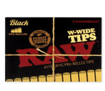 RAW Black Pre-Rolled W-Wide Tips – 18 tips per pack, 20 packs, unbleached, wide pre-rolled tips for smooth smoking experience.