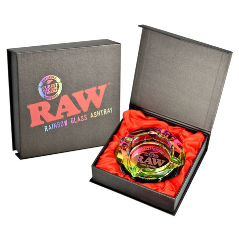 RAW Glass Ashtray with diamond-faceted design, rainbow finish, perfect for a premium smoke session.