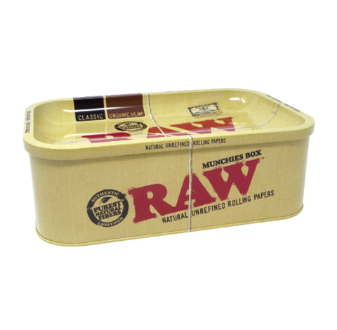 RAW Munchies Storage Box with magnetic lid, durable bamboo design for organizing smoking accessories like papers and cones.