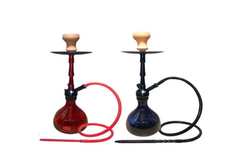 Red and blue glass hookah set with matching hoses and wooden bowls for premium smoking experience.