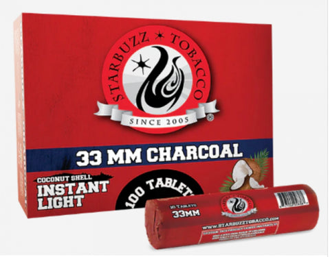 Starbuzz premium coconut instant light charcoal, 33mm, 10 tablets per roll, 10 rolls per box, high-quality coconut shell compound for superior hookah performance and taste.