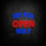 LED neon 'Store Open' sign with 'Just Roll Open With It', perfect for coffee shops, stores, and businesses.