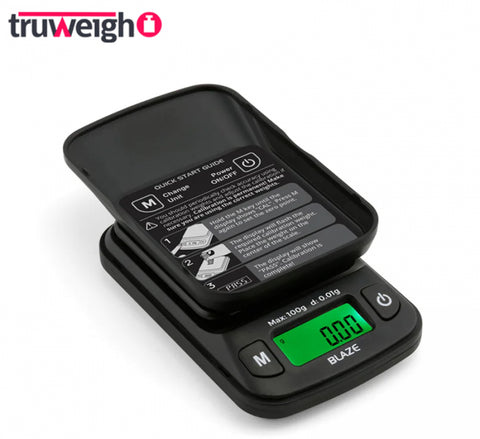 Truweigh Blaze 100 x 0.01g Digital Scale – Compact and precise mini scale with 100g capacity, backlit LCD, overload protection, and versatile unit conversion.