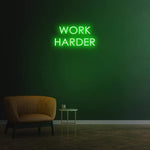 Work Harder green neon sign on a dark wall, perfect for gym or home decor, motivational LED neon sign for productivity.