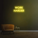 Work Harder lemon yellow neon sign on a dark wall, perfect for gym or home decor, motivational LED neon sign for productivity.