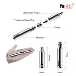 Yocan Evolve D Dry Herb Vape Pen components, including atomizer tube, tobacco dual coil, battery, and base.