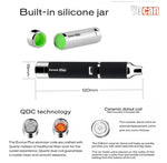 Yocan Evolve Plus Wax Vaporizer Pen with built-in silicone jar, QDC technology, ceramic donut coil, and product dimensions for user convenience.